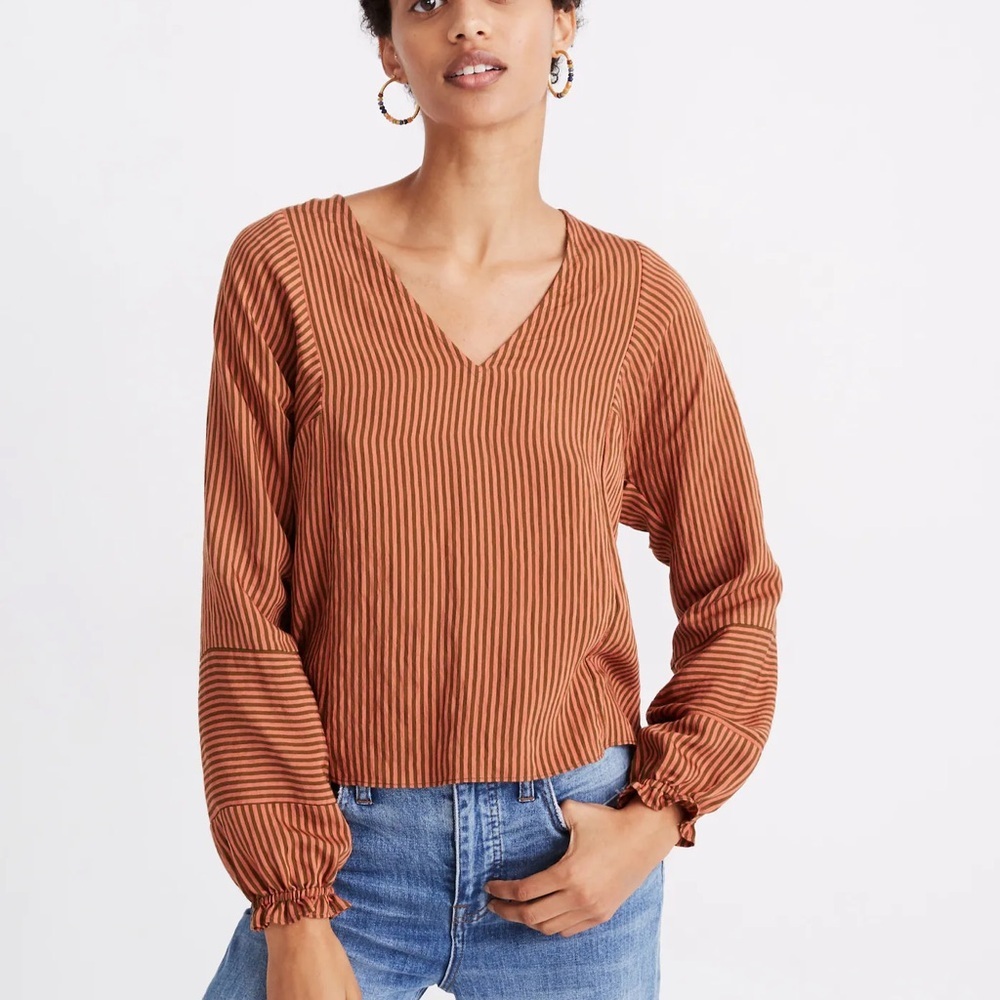 Madewell V neck Ruffle Cuff Top Stripe-play